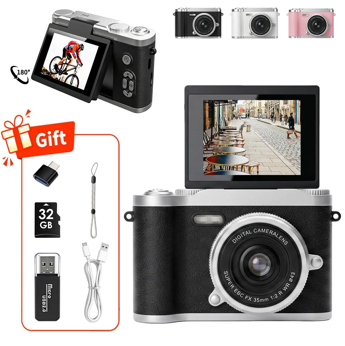 Vintage Compact Portable Digital Camera Device for Teens - Flip Screen, Pocket Size, Filters, Digital Zoom, Entry-Level, 32GB SD Card, Card Reader, Adapter, Perfect Gift Set