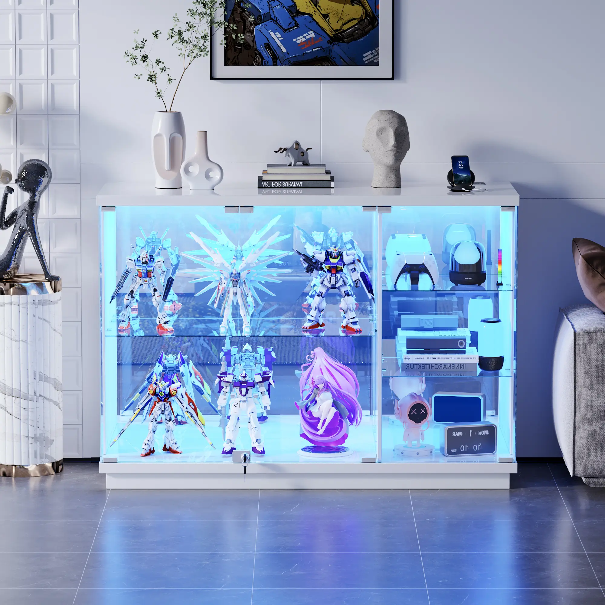 Lvifur Sturdy Wood High Gloss Glass Display Cabinet with Lock, Built-in LED Light, Human Body Sensor & Glass Shelves, Light Up Your Space Built-in LED Lighting Living Room Furniture Display Shelf for Collectibles, Living Room, Stand-Alone Living Room Furn