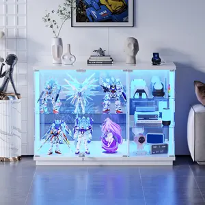 Lvifur Glass Display Cabinet with Lock & LED Light, High Gloss Sideboard with Human Body Sensor & Glass Shelves for Toys, Books, Collectibles, Liquor, Bookcase for Living Room, Kitchen, Study, White