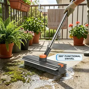 360° Rotating Floor Scrub Brush with Long Handle, Adjustable Stiff Bristle Cleaning Brush with Squeegee, 3-in-1 Scrubber Brush for Bathroom, Kitchen, Tile & Grout, Heavy Duty Deep Cleaning Tool