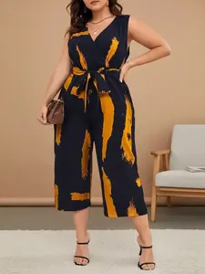 Plus Size Fashionable Printed Tie Waist Jumpsuit, Comfortable Casual Vacation Wear, Sleeveless Belted Wrap Design, Long Hem, Fall & Winter