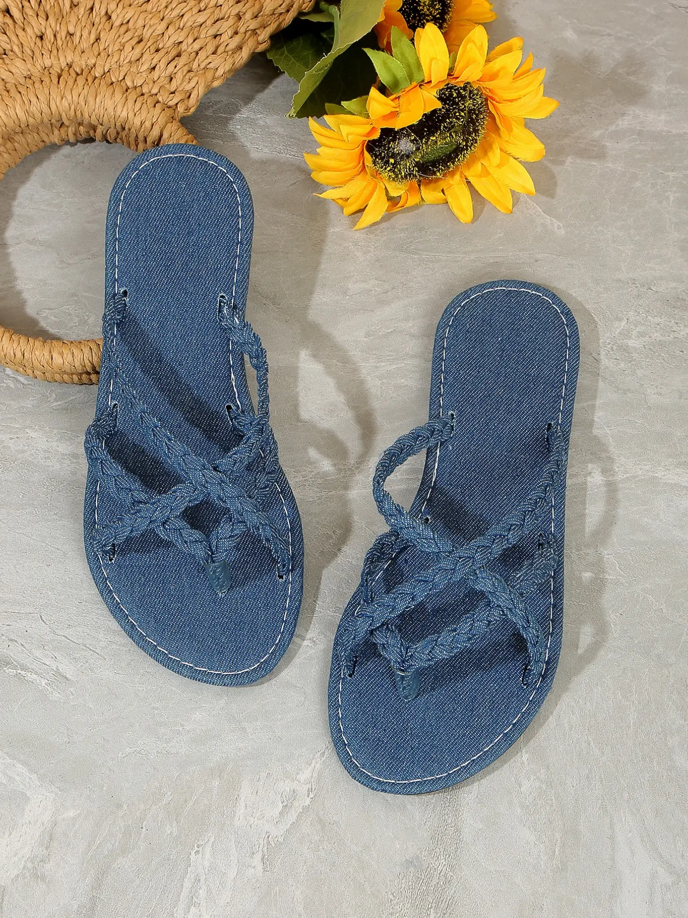 Denim Blue Braided Design Sandals Flipflop, Rubber, Retro and Casual Summer Vibes, Perfect for Vacation or Daily Wear, Ideal for Boho Dresses or Wide Leg Pants