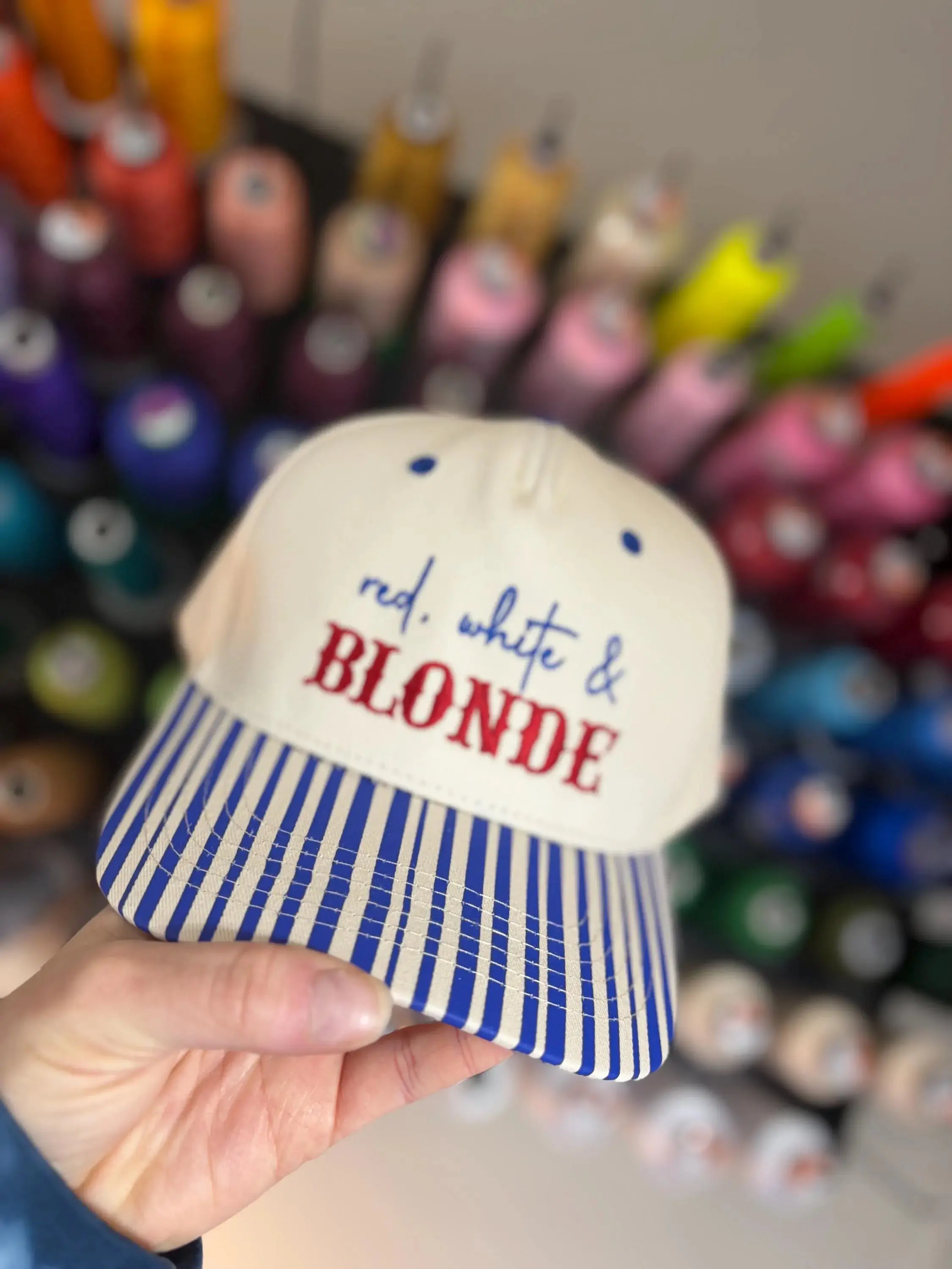 Red, White, Blonde pinstriped hat