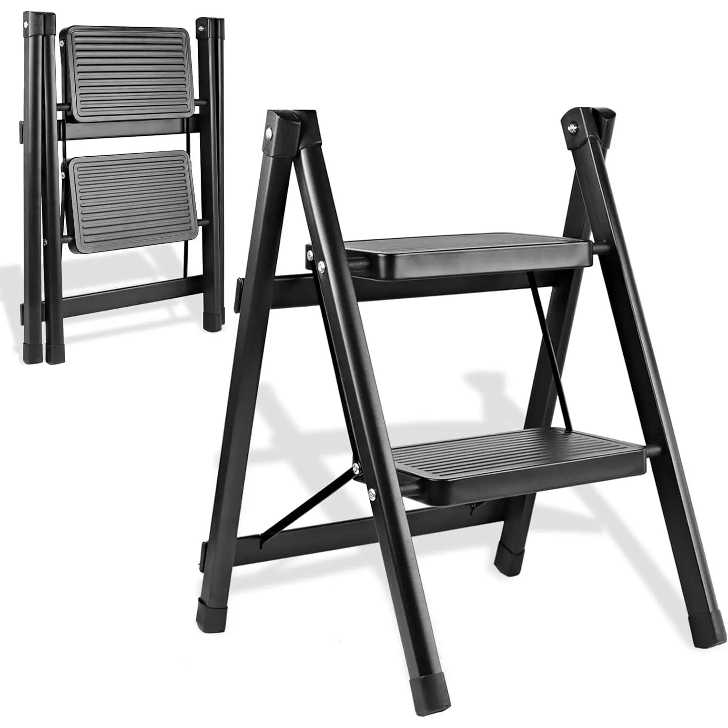 2-Step Lightweight Foldable Aluminum Ladder, Sturdy Step Stool with Anti-Slip Pedals, 250 lbs Capacity, Compact Portable for Kitchen, Home DIY & Everyday Use, Lightweight Foldable Ladder