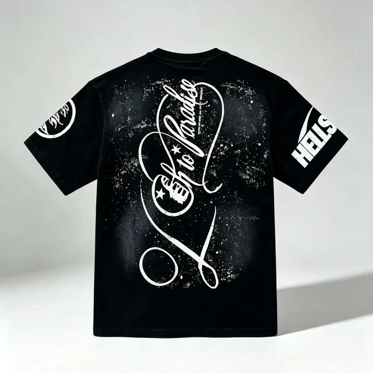 Hellstar Path to Paradise T-Shirt, Vintage Three Angels Starry Night Double Sided Graphic Print Heavy Cotton Tee Shirts, Loose Fit Gothic Typography Hip Hop Top Men Women Unisex, Washed Black Retro Streetwear