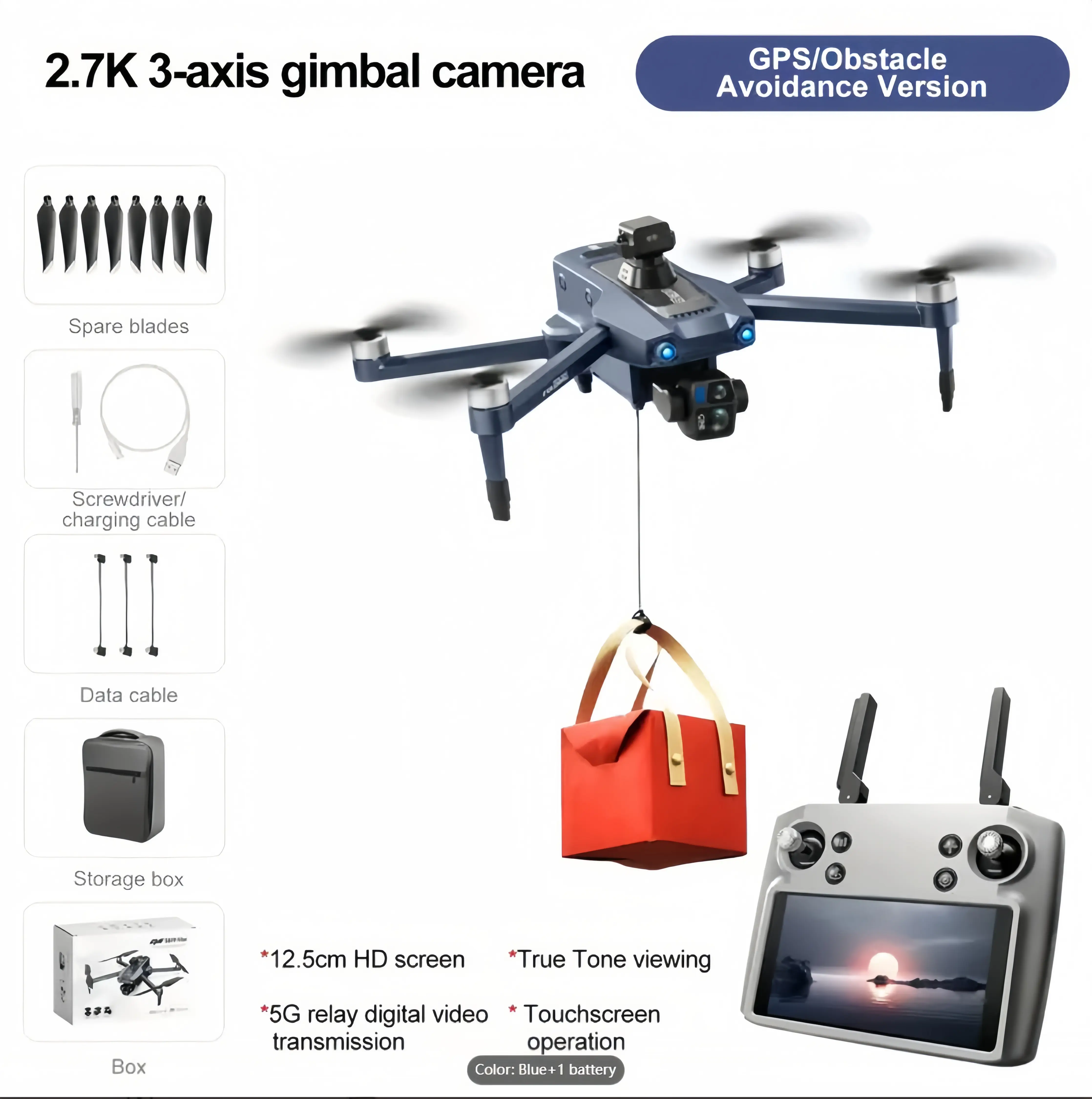 GPS Drone with Camera for Adults, 5" Touch Screen Remote Controller, 2.7K FPV Camera with 3-Axis Gimbal, Brushless Motor, Auto Return Home, Follow Me, 360° Obstacle Avoidance, Optical Flow Hover, Waypoint Flight, 50X Zoom, 28 Min Flight Time RC Quadcopter
