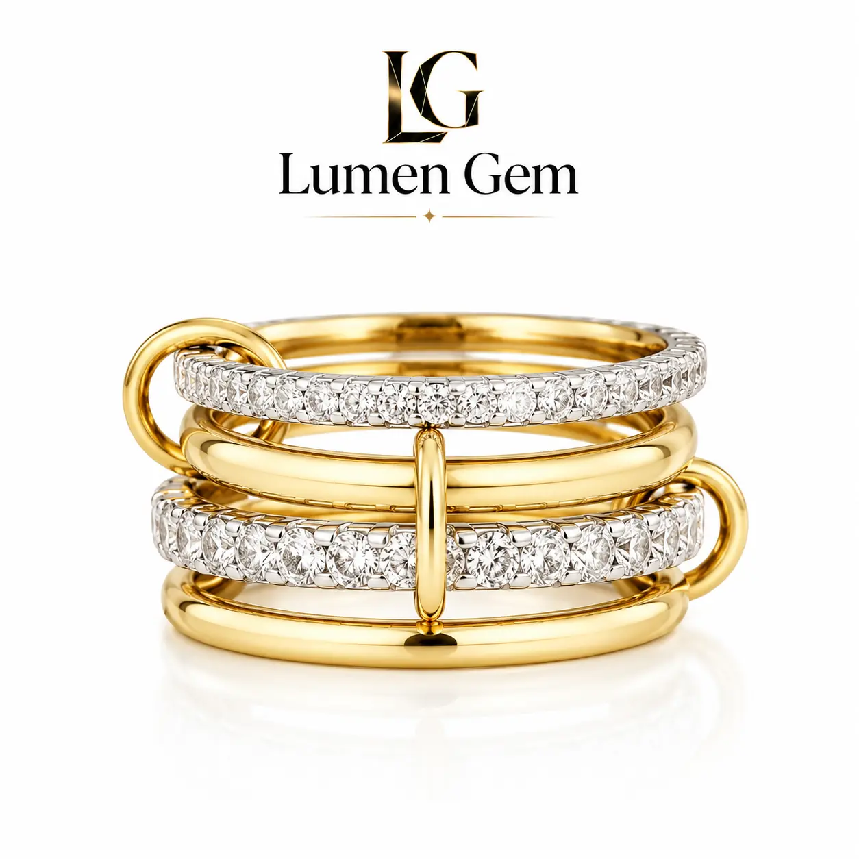 Lumen Gem Women's Elegant 14K Gold Plated Stacking Gold Ring - Interlocked Mixed Metal Layered Bands, Sparkly Crystals, Chic Costume Jewelry for Parties, Beautiful Fashion Ring Stack Gift for Women