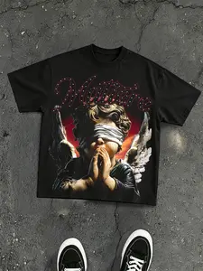 American Dark High Street Angel Prayer Print Short Sleeve Men's T-Shirt, Trendy Rhinestone Letter Loose Fit Tee, Casual Fashion Top