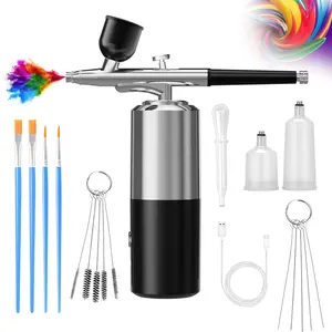 Airbrush Sets Air Brush Kit With Air Compressor Nail Paint Wireless Air Brush for Barber, Nail Art, Cake Decor, Makeup, Model Painting (Silver black)