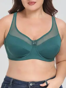 Ultra-Thin Full Coverage Bra with Steel Ring, Half Transparent Plus Size Breathable Womenswear Underwear for Home Office Wear