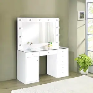 Acena 2-Piece White Glass Top 7-Drawer Makeup Vanity Desk with Lighting for Stylish Organization