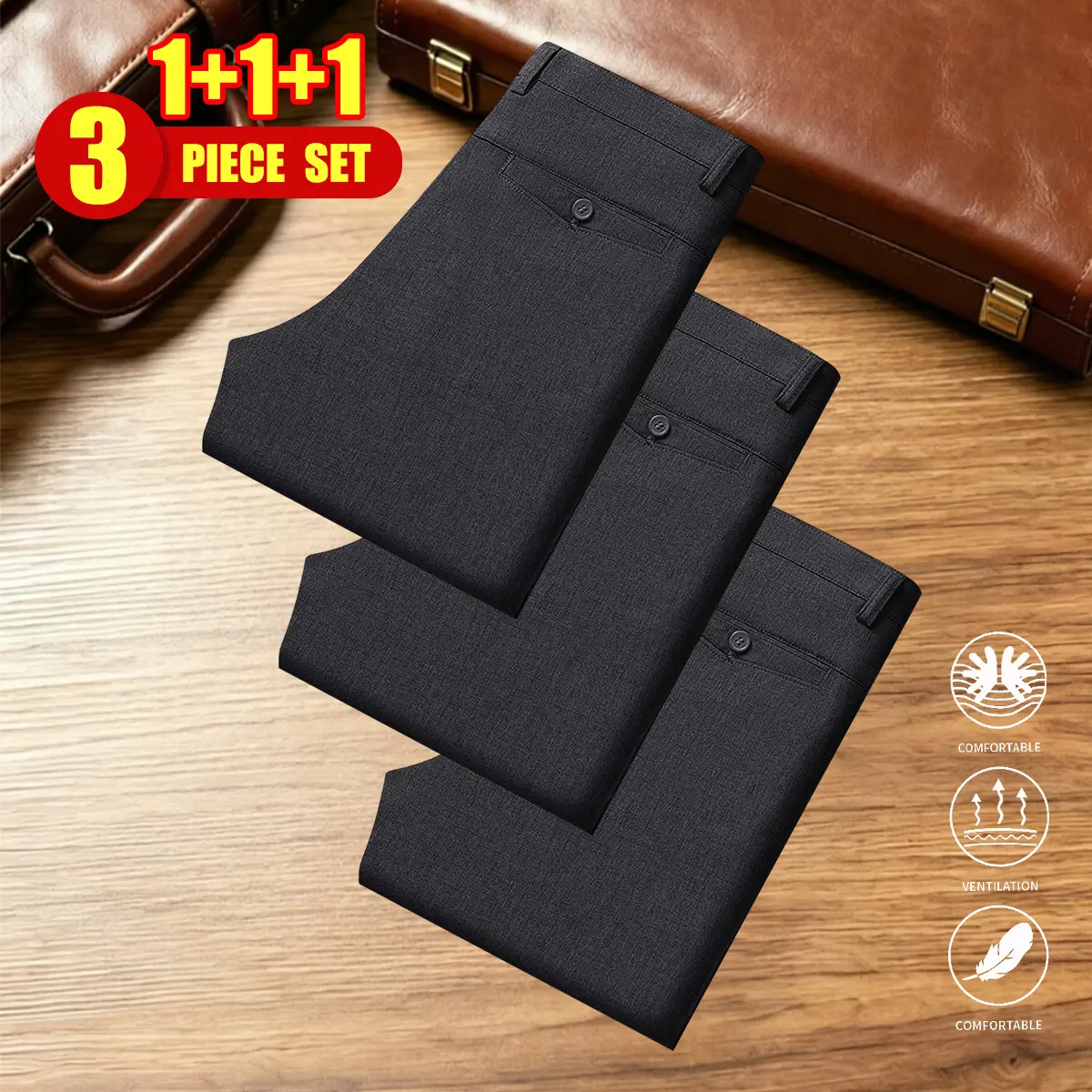 Men's 3-Piece Formal Menswear Plain Black+Black+Black High-Waisted Straight-Leg Dress Pants, High-Stretch Wrinkle-Resistant Button-Zipper Clothes, Wear-Resistant Machine-Washable All-Season Business Casual Trousers