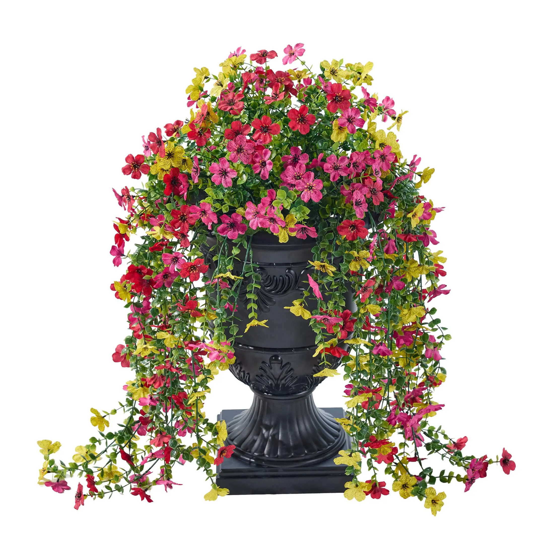 DR.Planzen Artificial Lobelia in Urn Planter Set (2 Pack, 26 Inch / 0.65m) – Lifelike Faux Flowers Pre-Potted with Tray, Indoor & Patio Home Decor