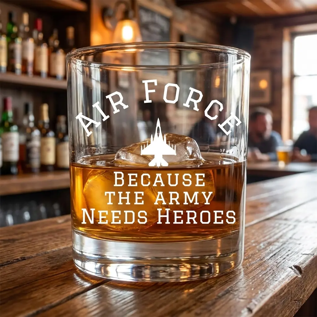 AIR FORCE BECAUSE THE ARMY NEEDS HEROES - Funny Gifts For Him, Husband, Grandpa, Dad - Personalized Whiskey Glass, Custom Engraved Bourbon Glass, Old Fashioned Rocks Glass, Unique Gift for Dad, Husband, Boyfriend, Groomsmen, Birthday, Father's Day
