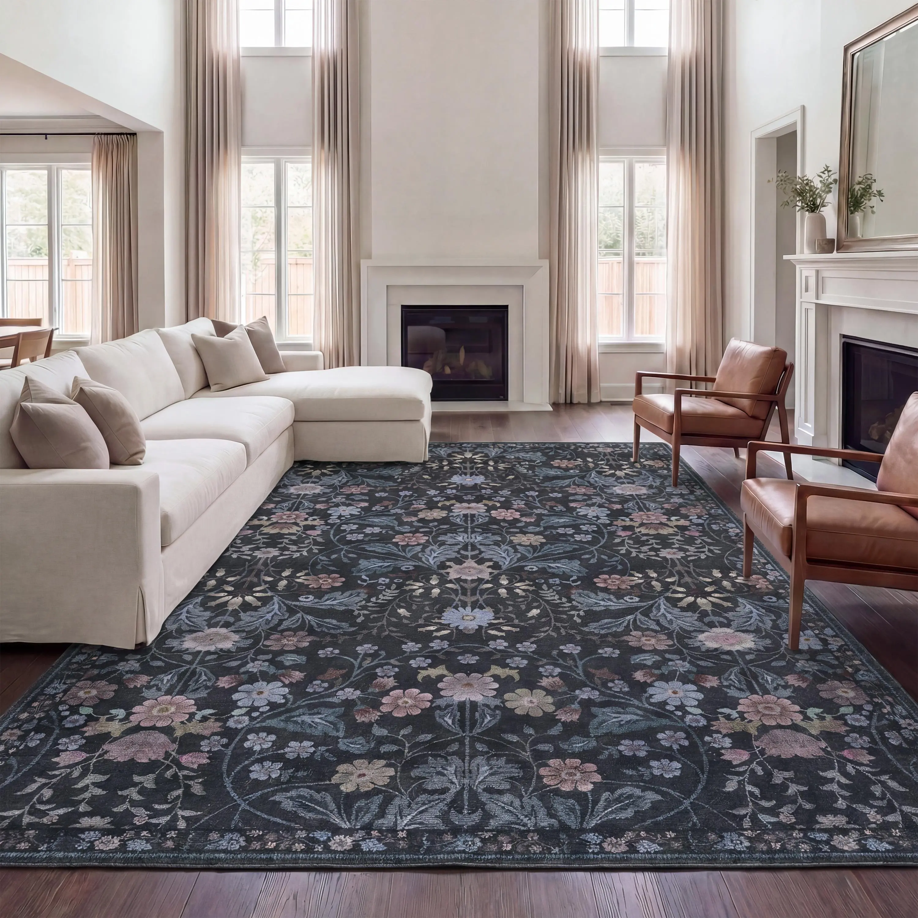 Primrose Art Nouveau Floral Border, Ultra-Soft Machine-Washable Rug with Non-Skid Backing, Non-Shedding, Velvet Luxury Feel for Living Room, Dining Room, Bedroom
