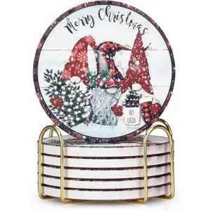 6 Pcs Christmas Decor Coasters with Holder Absorbent Ceramic Gnome Coaster Round Decorative Cool Cup Coaster Drink Coffee Table Decoration Countertop Cute Xmas Coasters