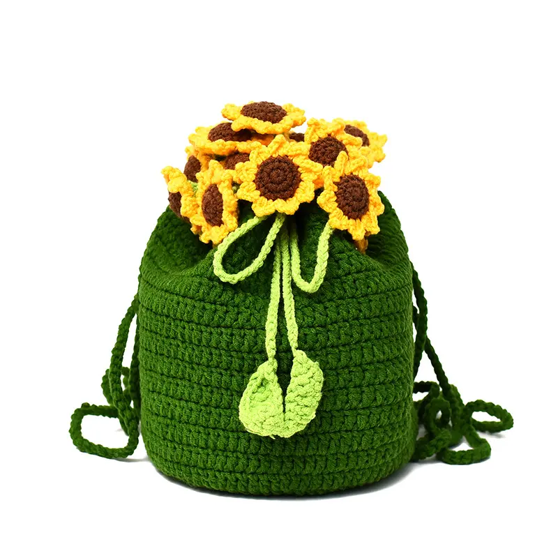 2026 New Unisex Youth Synthetic Drawstring Backpack - Forest-Style Artistic Large-Storage Polyester Crocheted Handmade Casual Bag with Laces for Outdoor Adventures, Camping, All Seasons