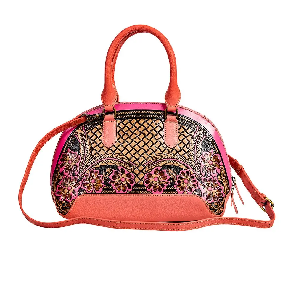 Women's Hand-Tooled Salmon Genuine Leather Handbag - Emmylou Pass Handbags Purse, Handmade Woven Feminine Aesthetic Leather Crossbody Purse, Genuine Leather Purse, Handmade Woven Bag