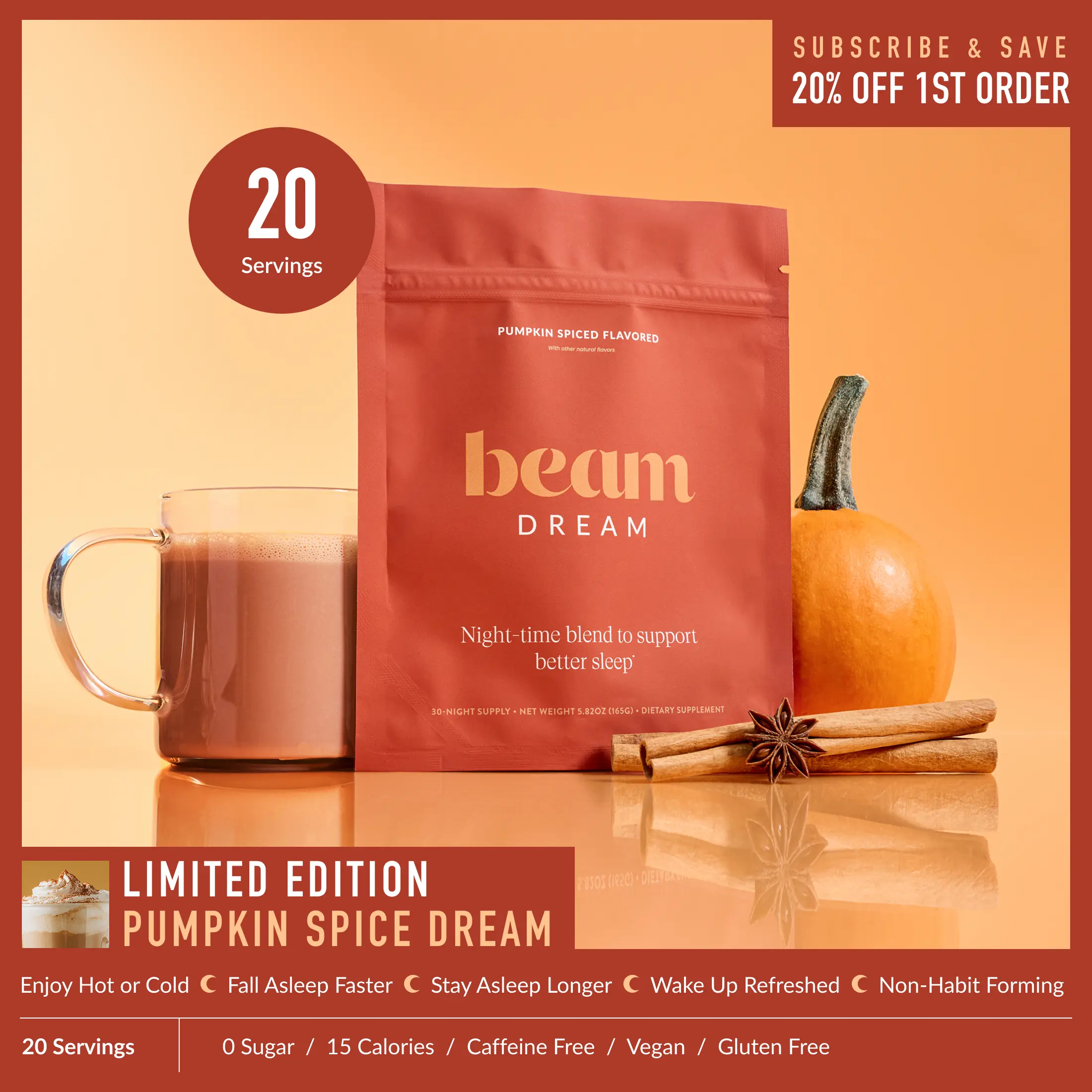 Beam Dream Viral Organic Nighttime Hot Cocoa Beverage - Melatonin Sleep Aid with L-Theanine & Magnesium, 20-30 Servings/Bag, 5 Flavors (Brownie Batter, Peanut, Caramel), Sugar Free, Gluten Free, Low Calories, Selfcare Wellness Supplement