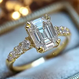 14K Gold Plated Brass Wedding Rings with Square Geometric Zirconia for Women, Suitable for Engagement, Wedding and Gift