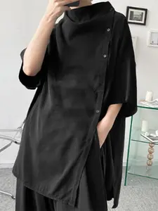 INCERUN Men's Fashion Solid Color Long Casual Shirt, Half Sleeve Side Button Design, Transparent Shirt, Daily Wear, Fitted Style