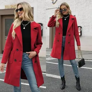 Women's Winter Wool Blend Camel Hair Mid-Length Coat with Notched Double-Breasted Lapel Jacket