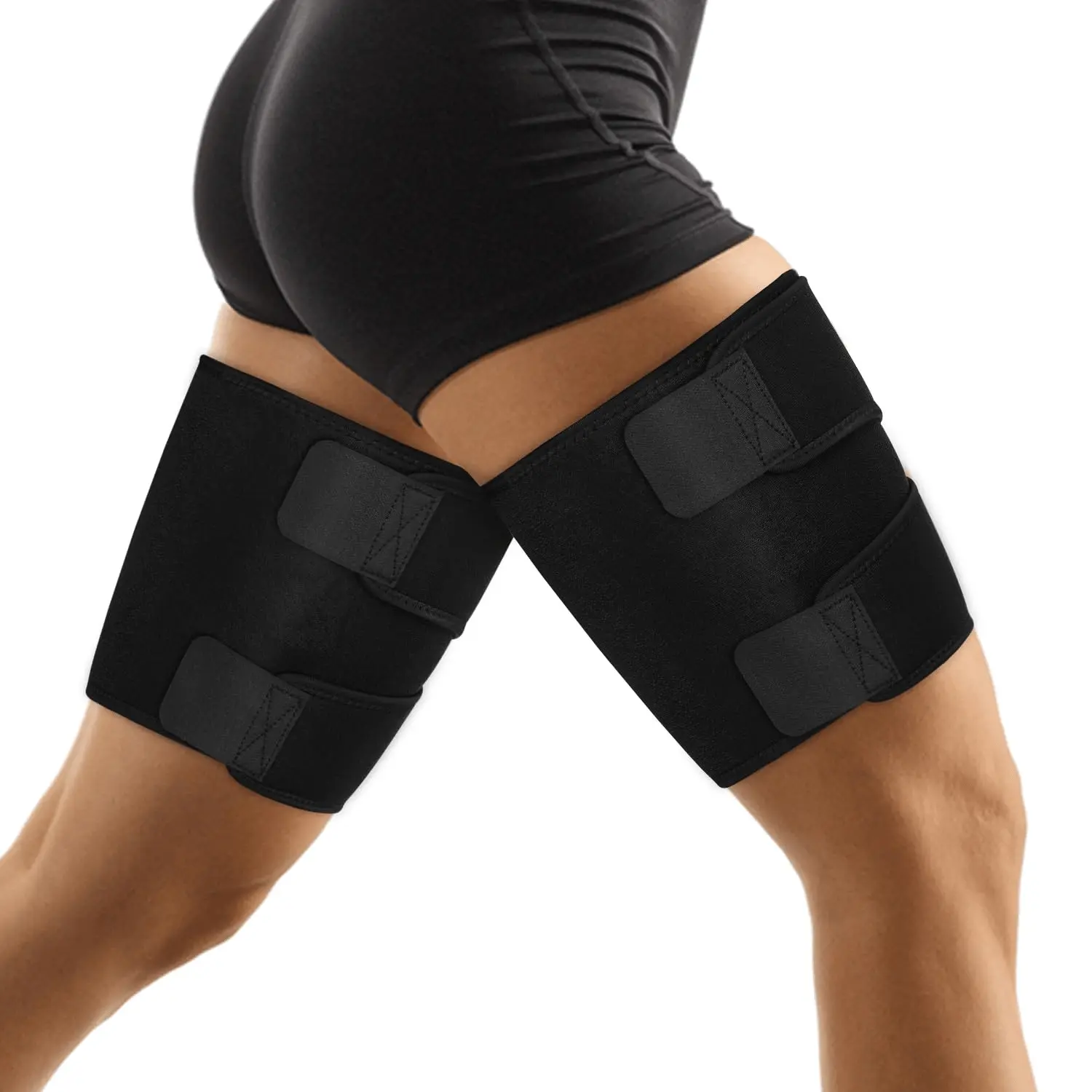 Unisex 2-Piece Adjustable Thigh Compression Wraps - Non-Slip Polyester Blend Support Sleeves, Black, 1 Size, for Groin/Quadriceps Muscle Injury Recovery, Fitness