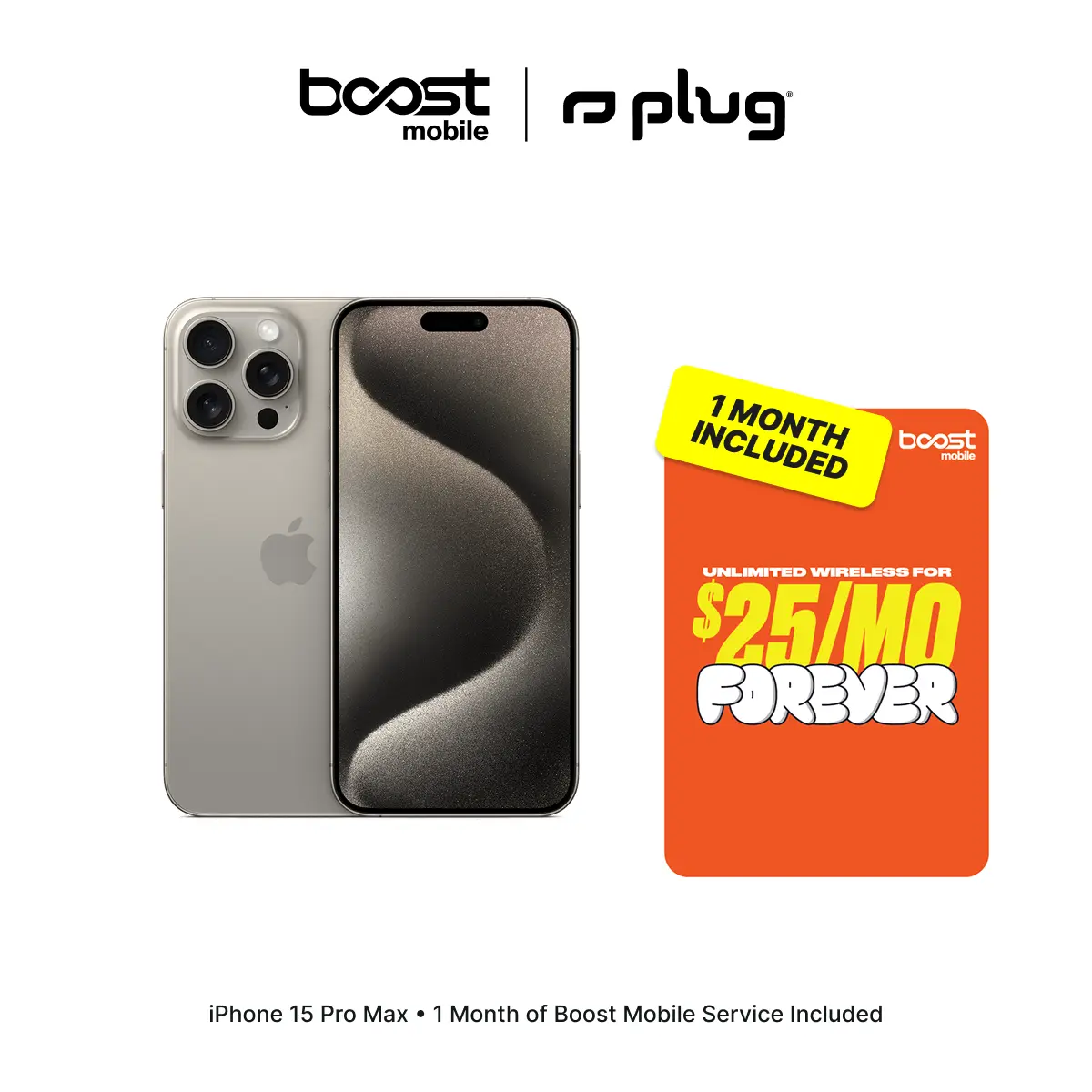 Refurbished Apple iPhone 15 Pro Max (Unlocked) + 1 Month of Unlimited Boost Mobile Service Included - Good Condition with 1-Year Warranty by Plug Refurbished Apple iPhone 15 Pro Max (Unlocked) + 1 Month of Unlimited Boost Mobile Service Included - Good Condition with 1-Year Warranty by Plug