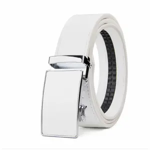 White Material Dress Belt with Sleek Silver Buckle for Men - Adjustable Stylish Waist Accessory for Casual & Formal Wear.
