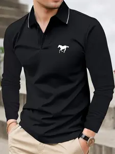 Men's Lightweight Spring & Autumn Little Horse Emblem Print Long Sleeve Buttoned Polo Shirt - Simple Stylish Casual Sports Travel Business Work Golf Fishing Camping Gift for Boyfriend or Husband Holiday Wear Menswear Top Classic Sporty