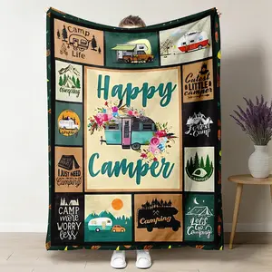 Retro Print Flannel Throw Blanket, All Seasons Breathable Multi-Size Fleece with "Happy Camper" Patchwork & Floral RV Design, Super Soft for Campervan & Home, Ideal Gift for Camping Enthusiasts,summervibes