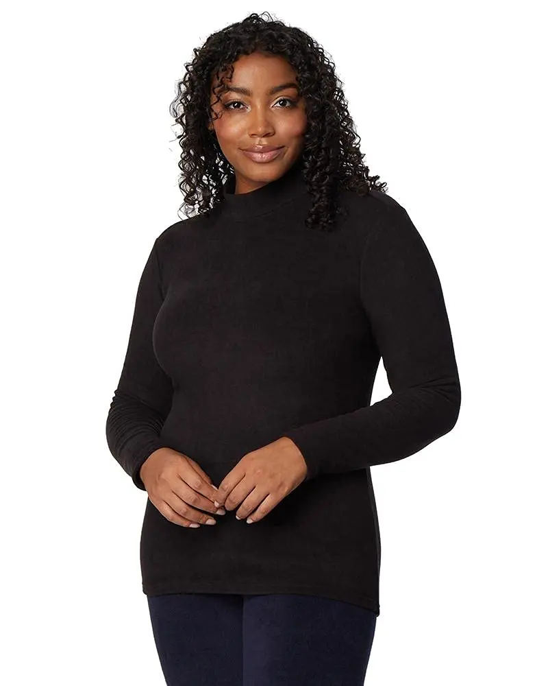 32 Degrees Heat Women’s Heavyweight Baselayer Mock Neck Long Sleeve Fleece Top, Black, Medium