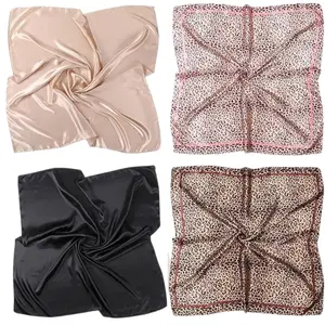 4 Pack Women' Large 35" Y Satin Headbands & Scarves - Multi-Color Square Bandanas Suitable for Hair, Head Wraps, Ponytails, Braids |   Black, Camel, Leopard Pink, Khaki |   Versatile Hair for Braids, Buns, Everyday Style Shawl