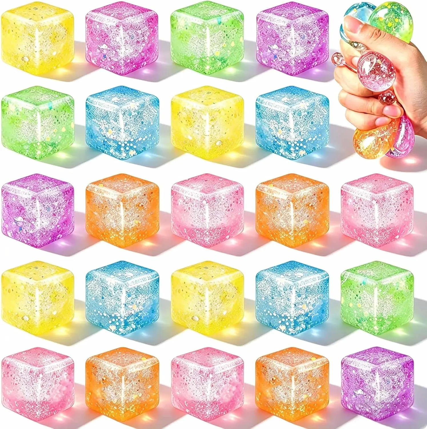24 Pack Slow Rising Ice Cube Squishies Stress Balls, Mini Nice Cube Sensory Fidget Toys for Kids & Adults, Anxiety Stress Relief Square Squeeze Toys, Classroom Prizes, Party Favors, Desk Toys