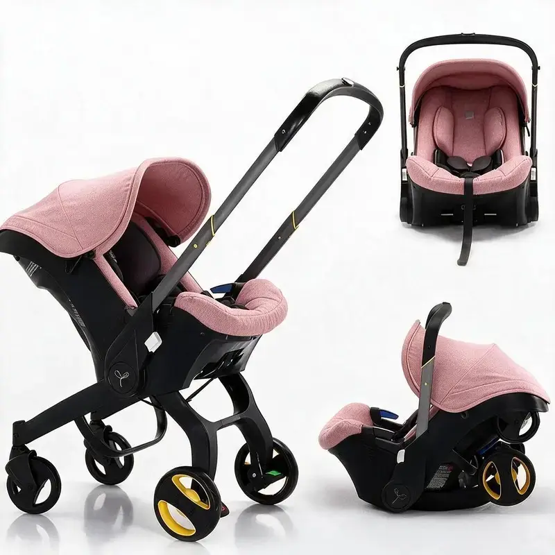 4 In 1 Multifunctional Baby Stroller No Latch Base 2 Way Push 5 Point Seat Belt with Chest Clip Shock Absorbing Wheels One Click Fold Travel Friendly Portable Lightweight Convertible Bassinet Cradle Infant Carrier for Newborn Toddler Pink Black