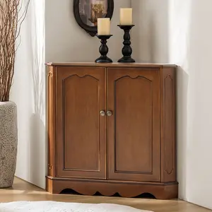 HULALA HOME Hagen Traditional Corner Cabinet with Adjustable Shelves Cable Management Hole Double Door Storage Curved Apron & Decorative Molding for Living Room Study