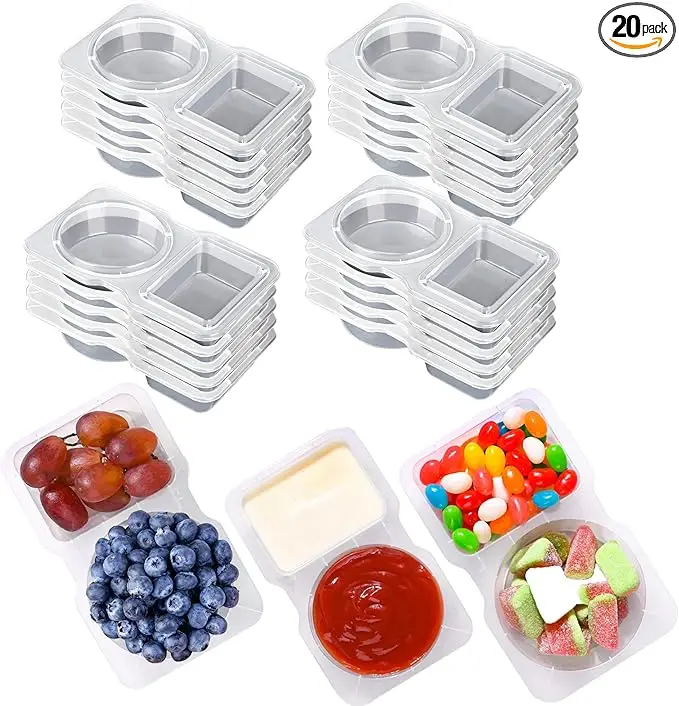 20PCS Dual Compartment Condiment Containers - Reusable Snack Containers - 2 Condiment Containers with Lids, Sauce Containers, Convenient Bento Boxes,