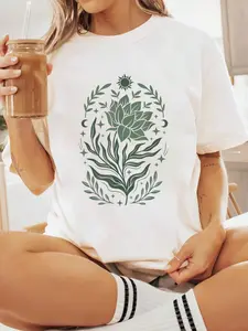 Sage & Green Flowers Sun Crescent Moon Boho Floral Celestial T-Shirt Print T-Shirt Casual Crew Neck Short Sleeve Comfort Tee Top For Spring & Summer Women's Clothing