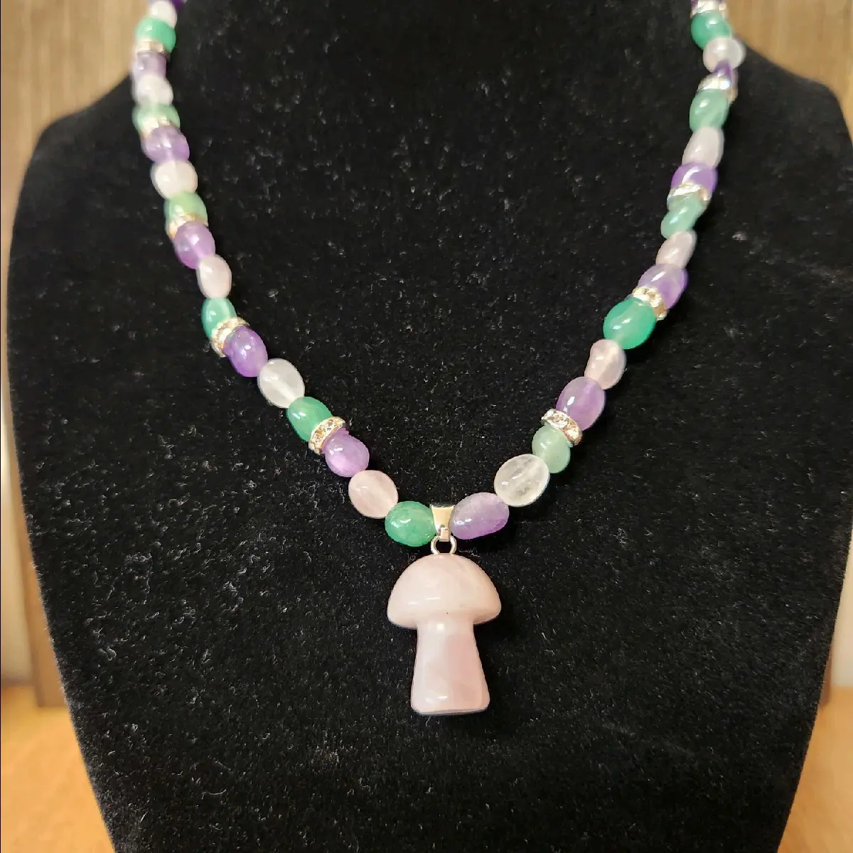 Handmade Crystal Necklace made from Green Aventurine, Amythest, Rose Quartz, and a Rose Quartz Mushroom Pendant