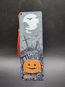 Halloween Pumpkin Cemetery Tassel Bookmark with Orange Pumpkin and Bat Design for Book Lovers
