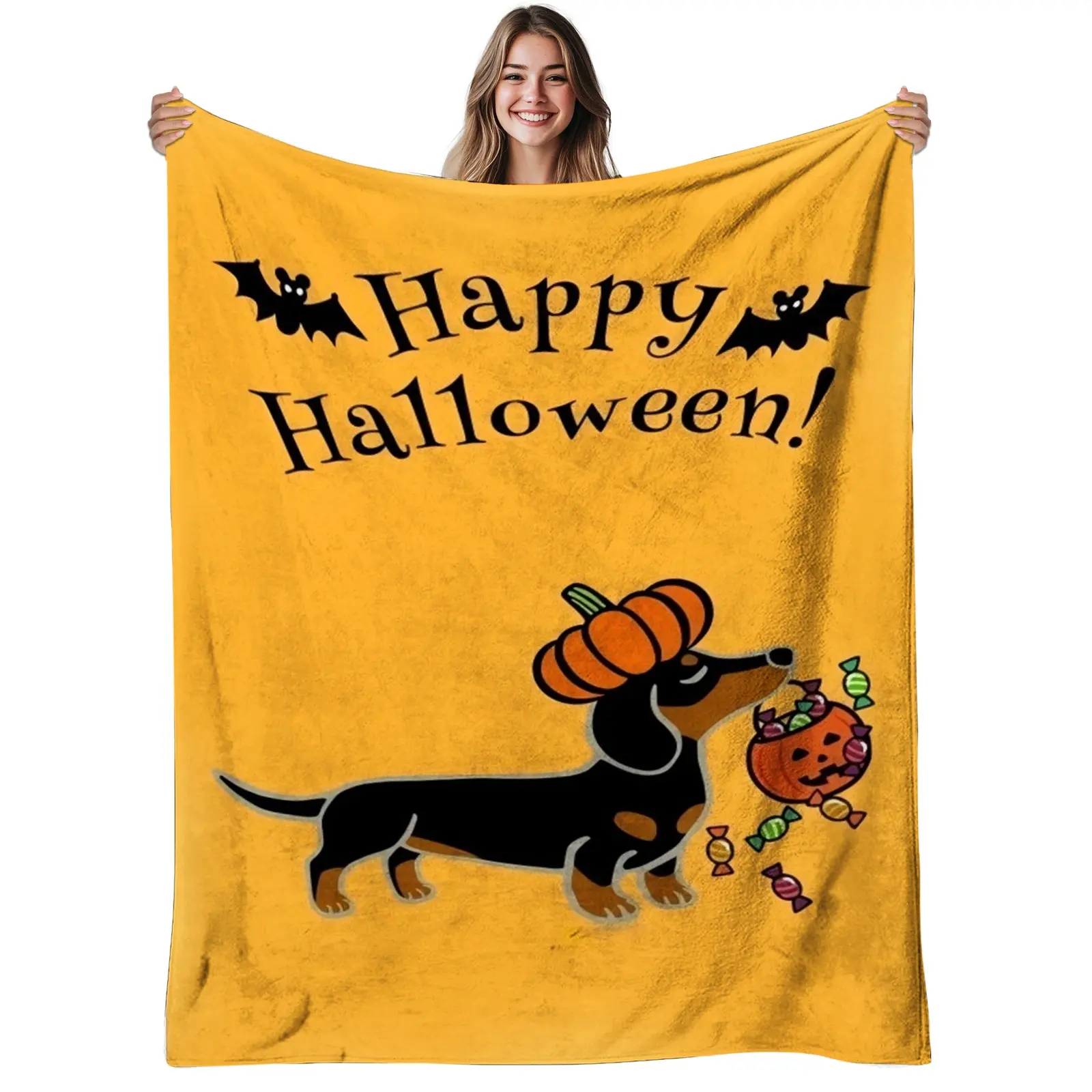 1pc Dachshund Dog Blanket - Soft Flannel 280gsm All-Season Warm Cozy Bedspread with Cute Wiener Dog Print, Mustard-Yellow & Black Dachshund Pattern for Sofa, Bed, - Machine Washable Pet-Themed Gift for Christmas/Halloween