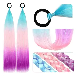 Ponytail Extension with Tie, Colored Hair Extensions for , Festival Crazy Hair Day Accessories for Girl, 25 inch Shimmer Tinsel Ponytail Colorful 2 Packs, Ombre Purple to Pink to Blue