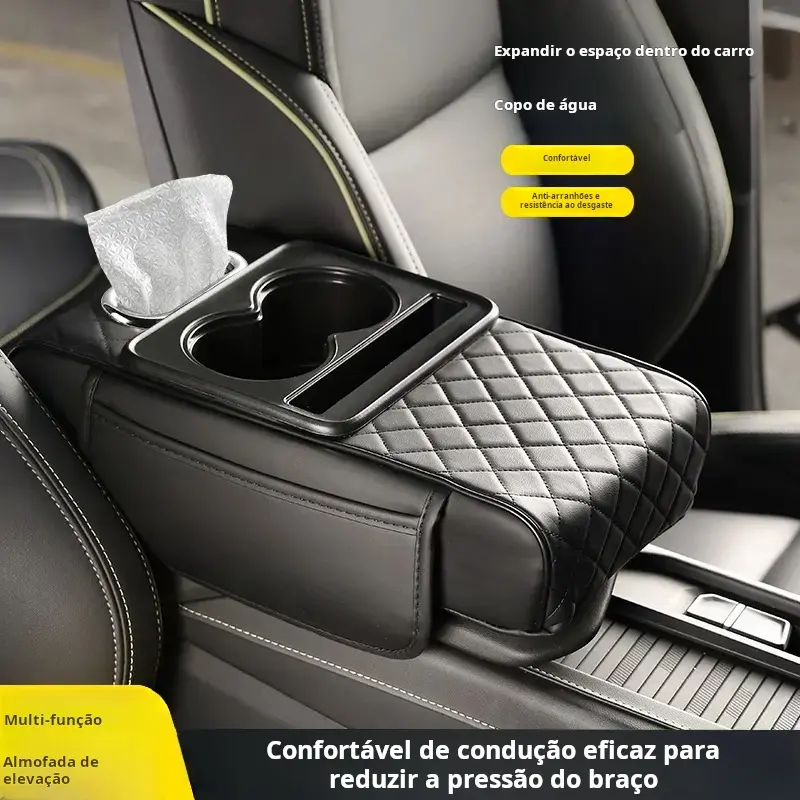 2025 New Model Nappa Leather 4-in-1 Car Armrest Elbow Pad, High-End Central Console Organizer with Heightening Pad, Waterproof Thick Integrated Dual-Cup & Bottle Compartment, Tissue Dispenser