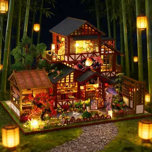 Book Corner Set, DIY Mini House Kit, Micro 3D Wooden Japanese Cherry Blossom Restaurant Puzzle, Best Gift for Family and Friends, Miniature Set