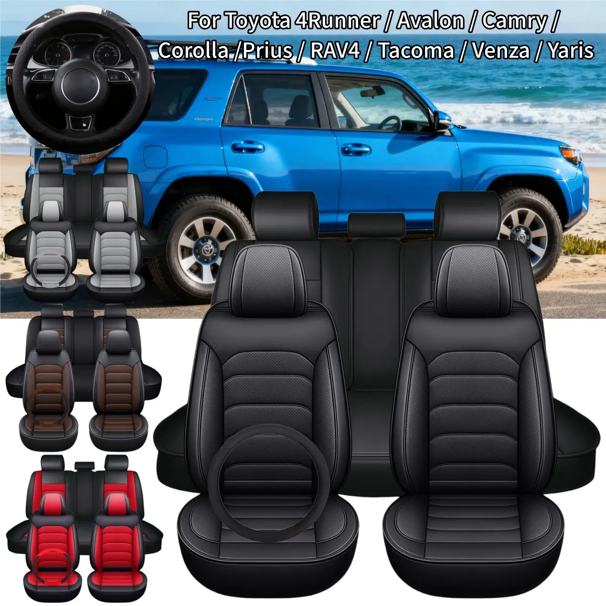 For Toyota 4Runner / Avalon / Camry / Corolla /Prius / RAV4 / Tacoma / Venza / Yaris Car 5 Seat Covers with Steering wheel Cover & Storage Pockets Bag, Waterproof PU Leather Front Rear Cushion Protector Mat Full Set Breathable