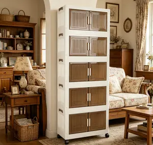 5-tier foldable, stackable plastic storage cabinet with wheels and lid—suitable for various home spaces: bedroom, living room, wardrobe/closet, bathroom, shower, kitchen, hat storage, shoe rack organizer, rack.