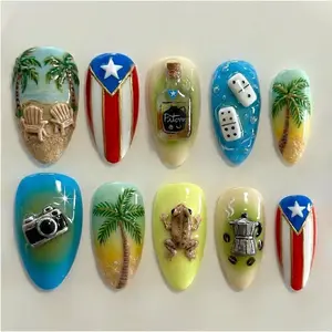 Handmade 3D Puerto Rico Vacation Press On Nails | PR Flag, Coqui Frog, Tropical Beach, Pitorro & Domino Almond Nail Set