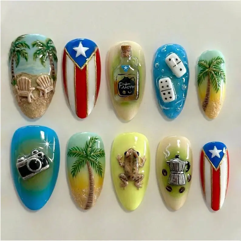 Handmade 3D Puerto Rico Vacation Press On Nails | PR Flag, Coqui Frog, Tropical Beach, Pitorro & Domino Almond Nail Set