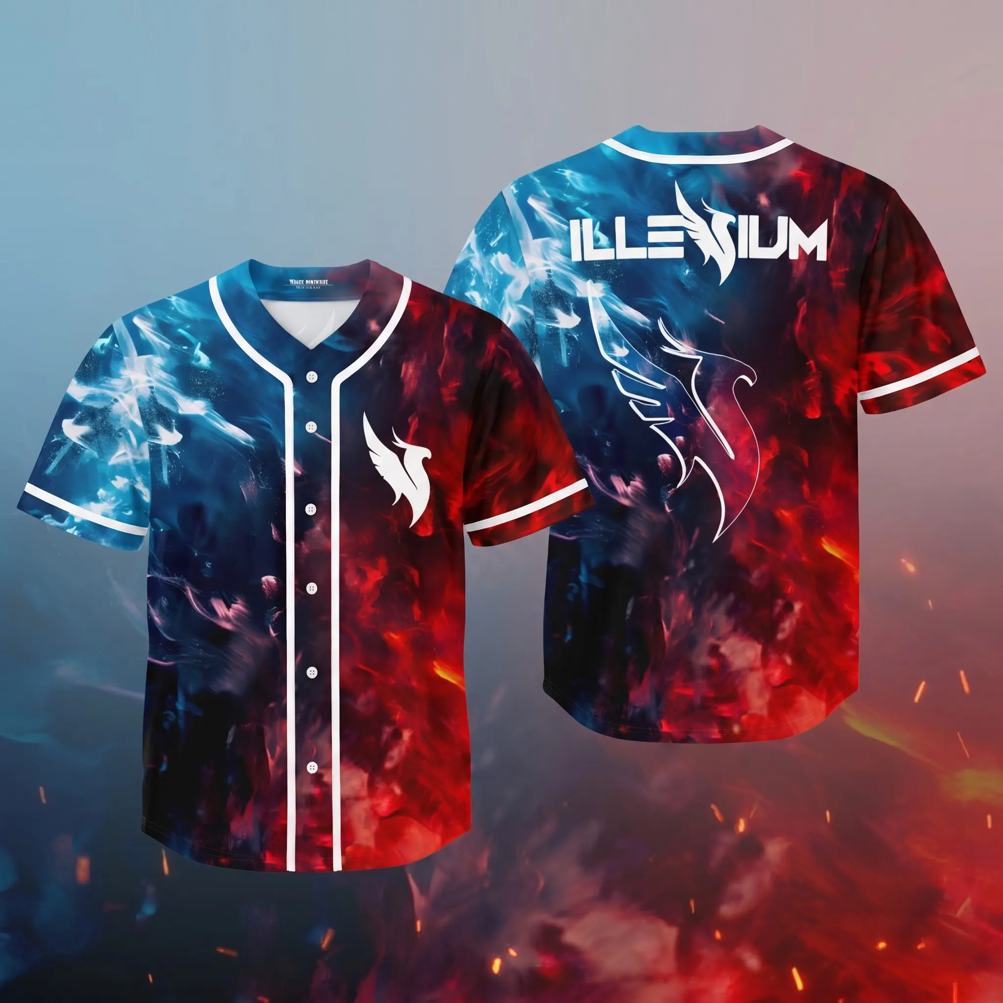 Illenium Blue Red Fire Smoke Split Phoenix Logo Baseball Jersey, EDM Rave Concert Merchandise Shirt, Melodic Dubstep Music Festival Button Up Sports Tops, Oversized Casual Streetwear, Birthday Xmas Gift For Electronic Music Fans Men Women
