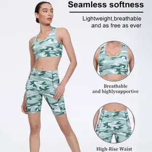 SporTired of uncomfortable workout clothes? This camo seamless yoga set keeps you supported & breathable all day! High waist shorts + supportive sports bra, perfect for gym & yoga!